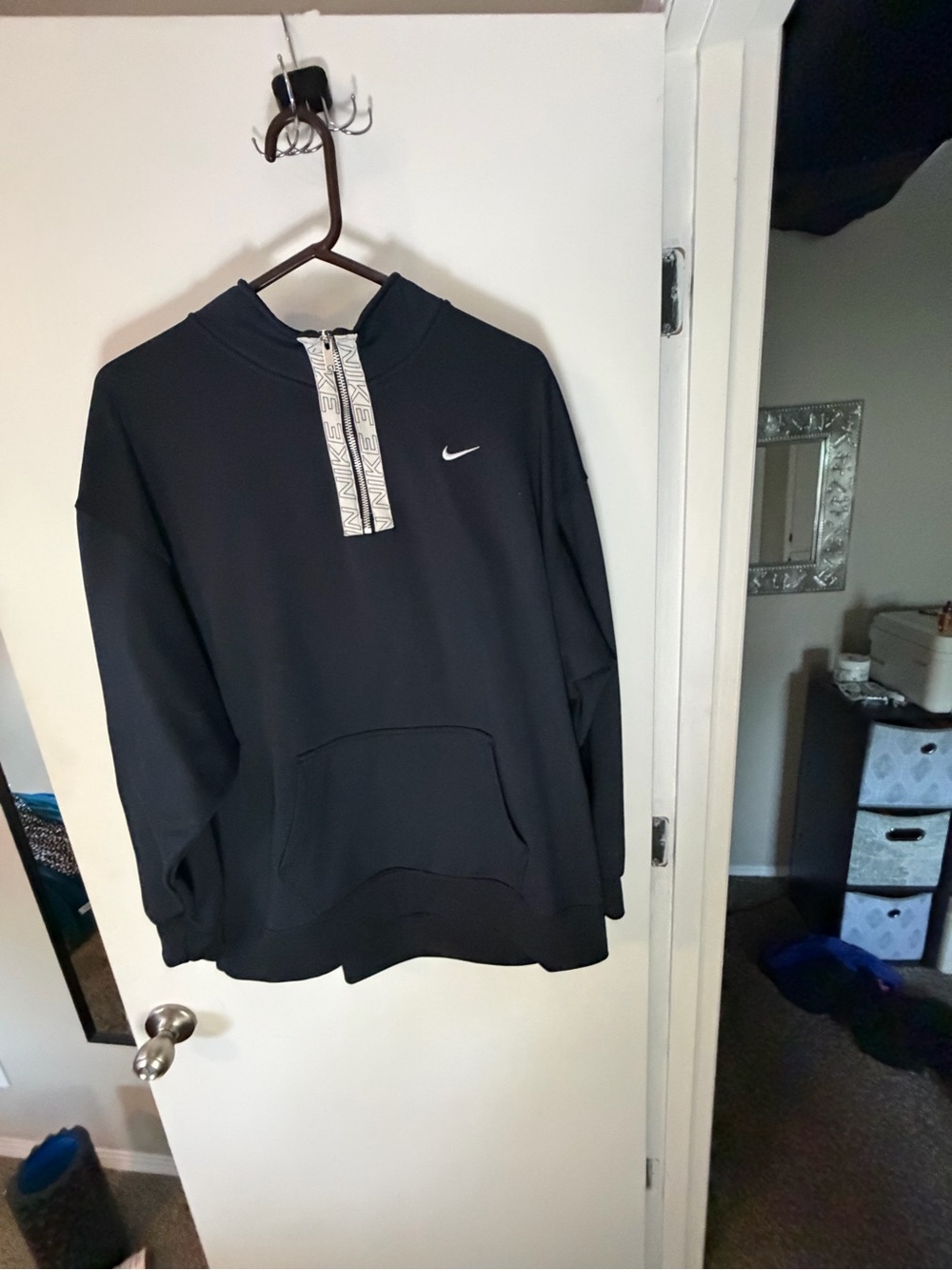 Nike Black Pullover Hoodie with White Patterned Zip Placket